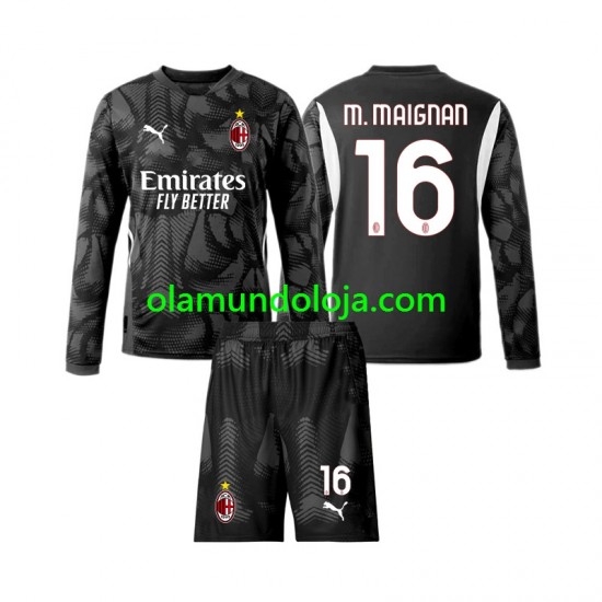 Camisola AC Milan Mike Maignan 16 Guarda-redes Criança Equipamento Primeiro 2024-2025 Manga Comprida